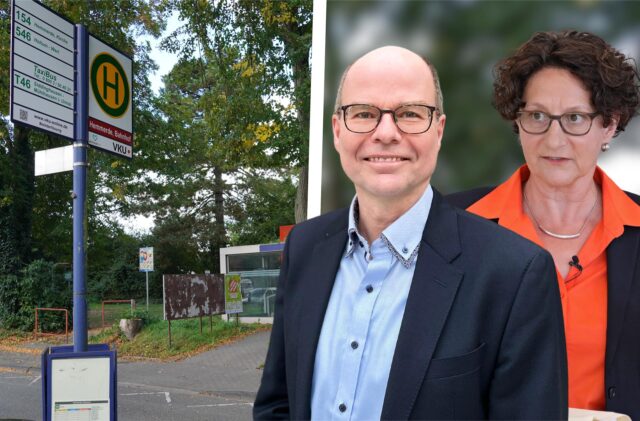Ein Bushaltestellenschild am Bahnhof in Unna Hemmerde, in der Montage daneben Unnas Beigeordneter Markus von der Heide und Claudia Keuchel, Vorsitzende von Bündnis 90/Die Grünen im Stadtrat