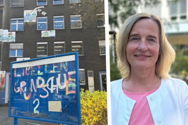 Links der Teilstandort der Libellen-Grundschule in Dortmund, rechts Schuldezernentin Monika Nienaber-Willaredt.