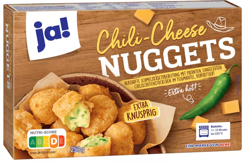 Eine Packung der Chili Cheese Nuggets von ja!, die bei Rewe verkauft wurden und für die aktuell eine Rückrufaktion läuft.