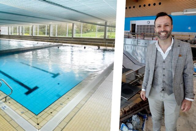 Links das alte Hallenbad in Kamen, rechts GSW-Bäder-Chef Carsten Langstein