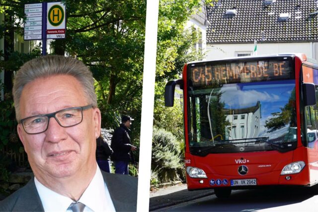 Hemmerdes Ortsvorsteher Klaus Tibbe und ein VKU-Linienbus in Hemmerde