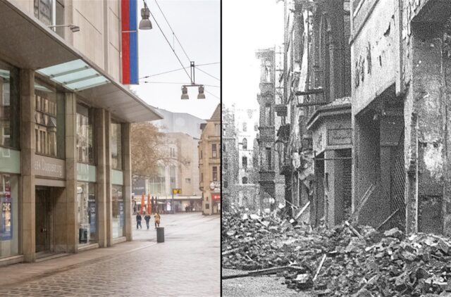 Wie stark zerstört Dortmund 1945 war, zeigt der direkte Vergleich mit heute besonders deutlich – hier auf dem Westenhellweg.