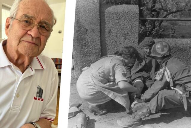 Heinrich Wigger erkennt in der Krankenschwester seine Schwester Annemarie wieder. Das Bild entstand am 11. April 1945 in Unna.