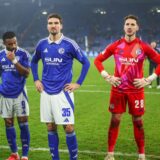 01.02.2025, Fussball, Saison 2024/2025, 2. Bundesliga, 20. Spieltag, FC Schalke 04 – 1. FC Magdeburg, v. l. Kenan Karaman (FC Schalke 04), Moussa Sylla (FC Schalke 04), Marcin Kaminski (FC Schalke 04), Justin Heekeren (FC Schalke 04)