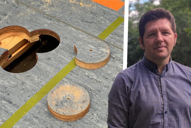 Eine Montage, rechts ist Stefan Thiel zu sehen, links eine Probebohrung.