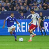 19.04.2025, Fussball, Saison 2024/2025, 2. Bundesliga, 29. Spieltag, FC Schalke 04 – Hamburger SV, v. l. Moussa Sylla (FC Schalke 04), Hamburgs Denis Hadzikadunic