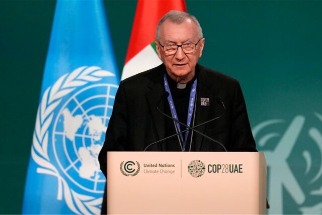Kardinal Pietro Parolin,  Staatssekretär des Vatikans, hält eine Rede auf dem UN-Klimagipfel COP28.
