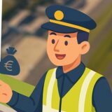 Eine stilisierte Straße mit klar gekennzeichneten Parkbuchten, in denen mehrere gezeichnete Autos sauber nebeneinander geparkt stehen. Auf jedem dieser Fahrzeuge ist gut sichtbar ein Flugzeugsymbol angebracht – beispielsweise als Aufkleber auf der Windschutzscheibe oder Motorhaube.

Daneben steht eine ebenfalls gezeichnete Figur, die visuell an einen Ordnungshüterin erinnert (z. B. ein stilisierter Polizist oder Kontrolleur). Die Figur hält auffällig die Hand nach vorne.