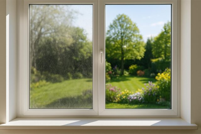 Vorher-Nachher-Bild eines Fensters vor und nach dem Putzen. Mit Garten im Hintergrund.