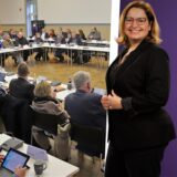 Bildmontage mit der NRW-Landesvorsitzenden von Volt, Nancy Meyer aus Unna, und einer Szene aus einer Kreistagssitzung.