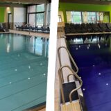Zwei Fotos aus dem Sesekebad in Kamen: Links ist das Wasser durchsichtig, rechts ist das Wasser lilafarben.