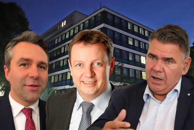 Kreisdirektor Philipp Reckermann (l.) und Landrat Mario Löhr (r.) mit dem GfL+WfU-Fraktionsvorsitzenden Johannes Hofnagel in einer Bildmontage vor dem Kreishaus.