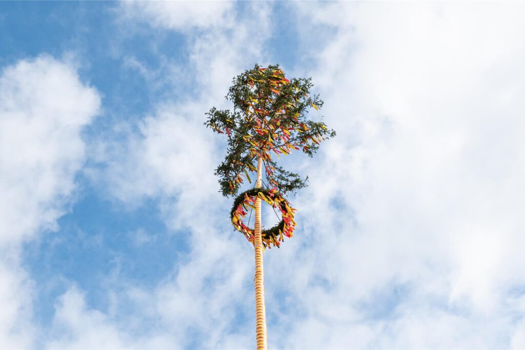 Ein Maibaum steht auf einem Dorfplatz. Ein Maibaum steht auf einem Dorfplatz.