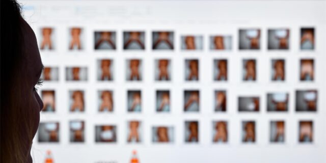 Symbolbild: Ein Ermittler sitzt vor einem PC, auf dem verpixelte pornografische Dateien abgebildet sind