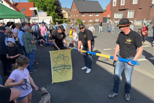 Die Handgriffe sitzen, als der RV Wanderlust den Maibaum in der Dorfmitte in Methler aufstellt.