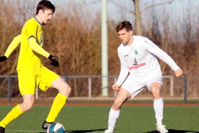 Zwei Fußballer spielen den Ball.