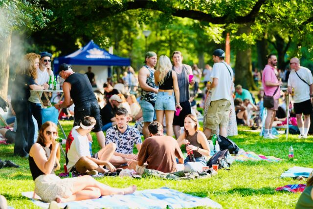 Besucher sitzen beim Summersounds DJ-Picknick im Westpark in Dortmund auf einer Wiese.