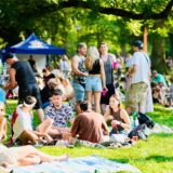 Besucher sitzen beim Summersounds DJ-Picknick im Westpark in Dortmund auf einer Wiese.