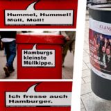 Neben einem Abfallkorb in Unna stehen Sprüche auf rotem Grund, mit denen im Rahmen einer Sauberkeitskampagne Mülleimer in Hamburg beklebt wurden