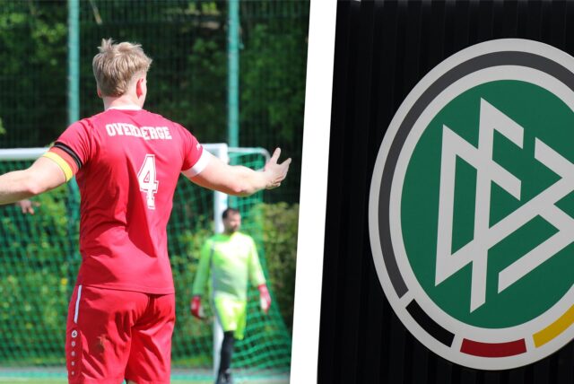 Collage: Links ein Spieler des FC Overberge, rechts das Logo des DFB.