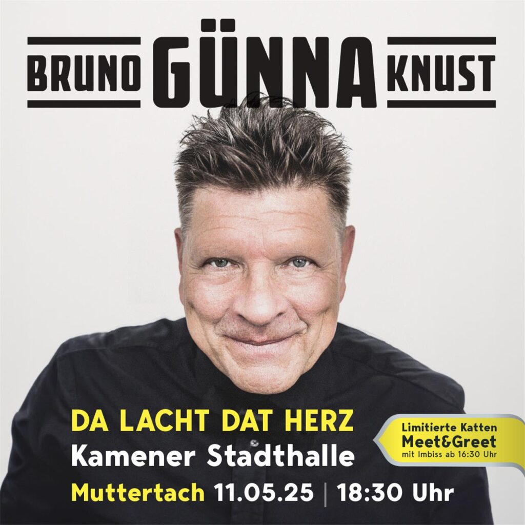 Ein Plakat, auf dem der Dortmunder Kabarettist Bruno Knust abgebildet ist, wirbt für seine Veranstaltung „Da lacht dat Herz“ am 11. Mai 2025 in der Stadthalle in Kamen. Ein Plakat, auf dem der Dortmunder Kabarettist Bruno Knust abgebildet ist, wirbt für seine Veranstaltung „Da lacht dat Herz“ am 11. Mai 2025 in der Stadthalle in Kamen.