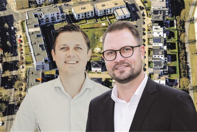 Die Makler Marvin Mikosch und Dennis Soldmann vom Eigentümerverband Haus & Grund vor einem Luftbild von Dortmund.
