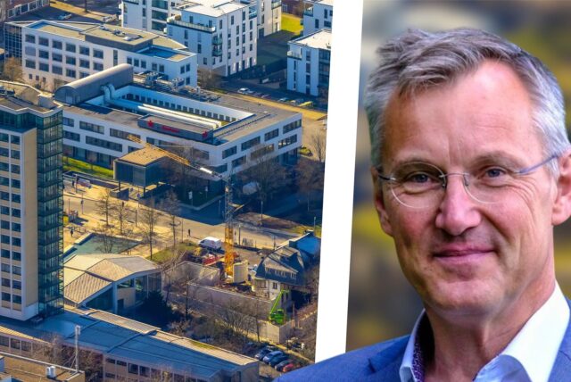 Bildmontage: Links: Luftaufnahme des Lüner Rathauses. Rechts: Porträt vom Dezernent/Beigeordneten Axel Tschersich.