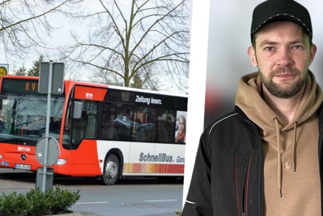 Bus hält an einer Haltestelle, an der Kinder warten