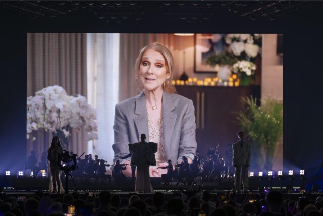 Eine Videobotschaft von Celine Dion während der Generalprobe und Vorpremiere des ersten Halbfinales beim 69. Eurovision Song Contest.