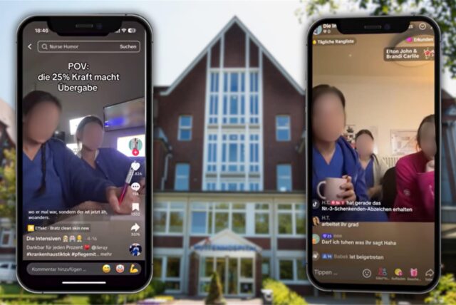 Montage von zwei Handys, die Ausschnitte der Tiktok-Videos zeigen, auf einer Außenansicht des Dortmunder Hüttenhospitals