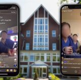 Montage von zwei Handys, die Ausschnitte der Tiktok-Videos zeigen, auf einer Außenansicht des Dortmunder Hüttenhospitals