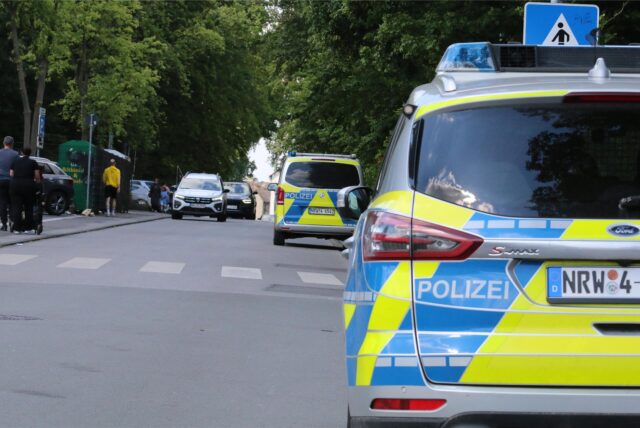 Polizeiwagen stehen auf einer Straße.