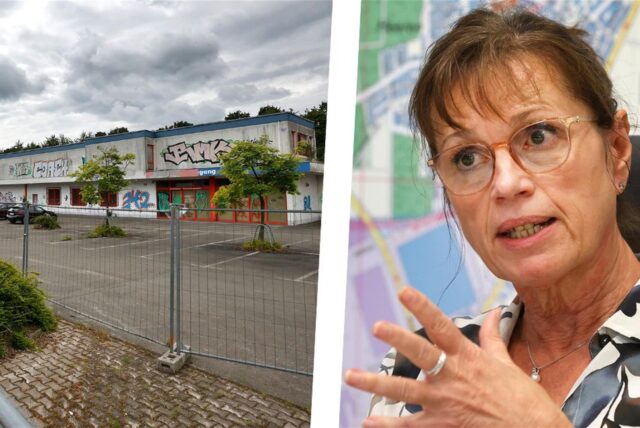 Ingelore Peppmeier, Beigeordnete der Stadt Kamen in einer Gesprächssituation, daneben die Brache eines früheren Baumarkts in Kamen.