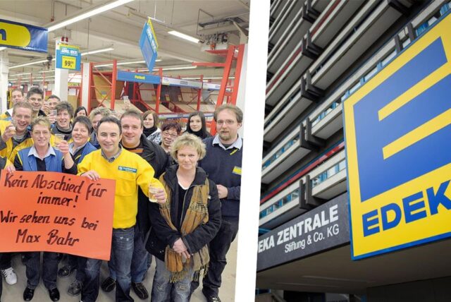 Ein Logo des Großhandelsunternehmens Edeka und das frühere Praktiker-Baumarkt-Areal an der Henry-Everling-Straße in Kamen.