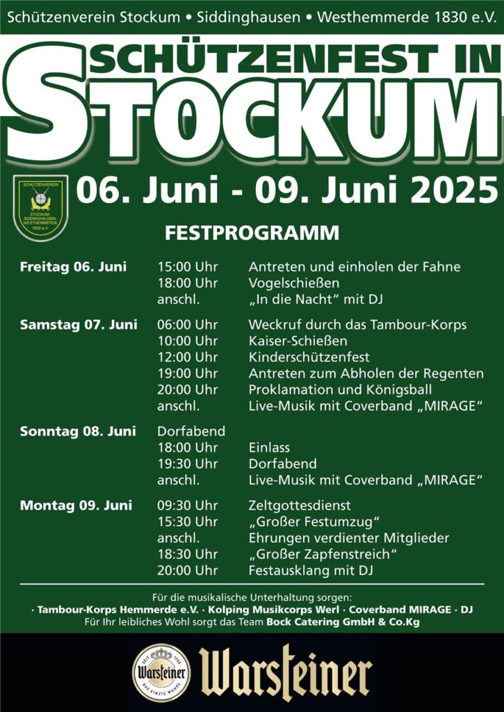 Ein grün-weißer Flyer, der das Programm des Schützenfestes in Stockum abbildet.