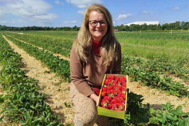 Claudia Döring hält einen Korb Erdbeeren ins Bild.