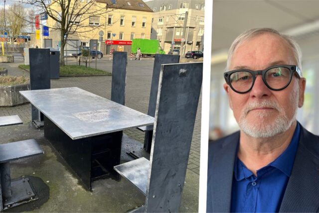 Links das „Denkmal gegen das Vergessen“ in Dortmund-Wickede; rechts Dirk Sanke, SPD-Fraktionsvorsitzender in der Bezirksvertretung Brackel.