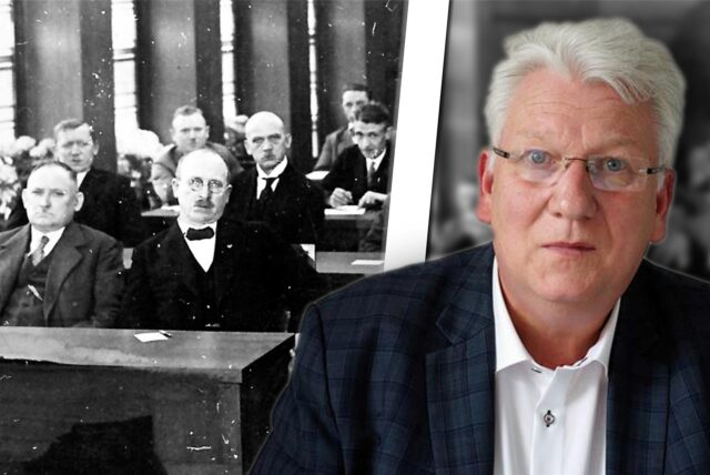 Bildmontage: Links: Hermann Albertz bei einer Stadtverordnetenversammlung in Oberhausen im Mai 1930. Rechts: Autor Hartmut Ganzke.