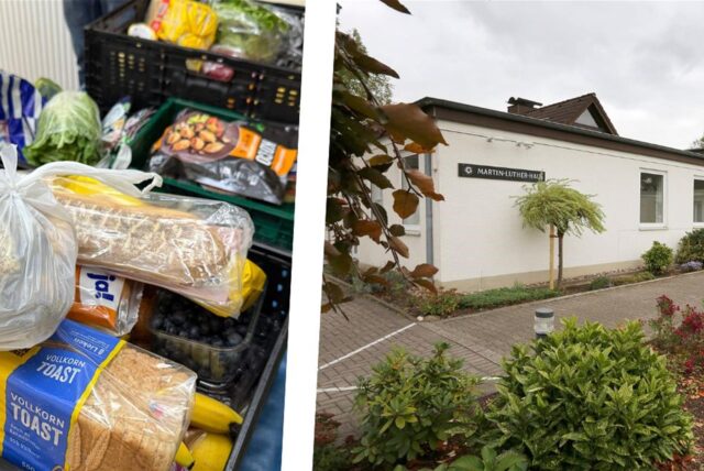 Links Körbe mit Lebensmitteln, darunter Toast und Bananen, rechts das Martin-Luther-Haus in Bergkamen