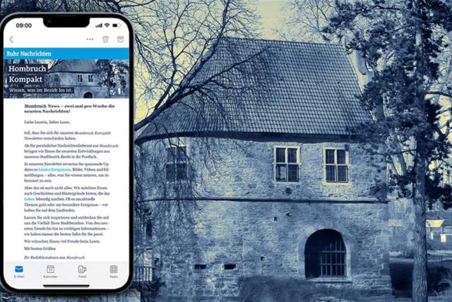 Das Torhaus Rombergpark mit einem Screenshot des neuen Newsletters für den Stadtbezirk Hombruch