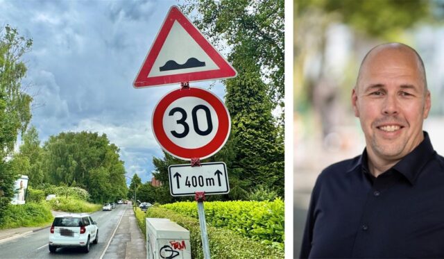 Zu sehen sind der Hacheneyer Kirchweg und Michael Depenbrock, Bezirksbürgermeister von Dortmund-Hörde.
