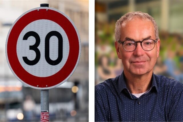 Tempo-30-Schild (links), Dr.-Ing. Jürgen Brunsing (rechts).