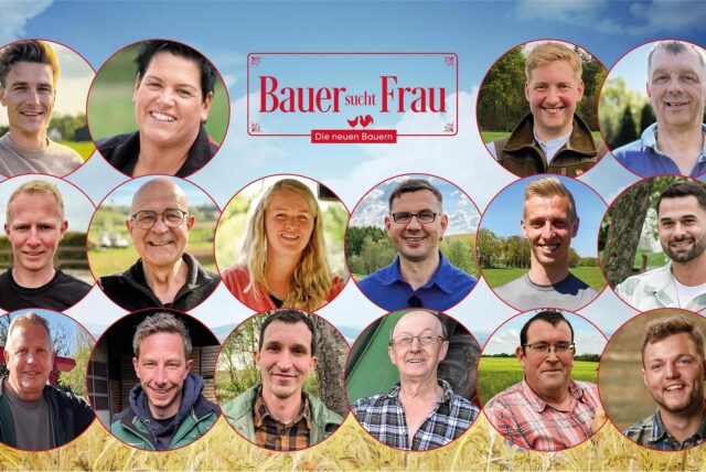 Friedrich, Simone, Daniel, Johann, Steffen, Herbert, Insa, Thomas, Christopher, Basti, Jörg, Andreas, Michael, Walter, Armin, Michi, die Teilnehmer von Bauer sucht Frau 2025 mit dem Logo der Sendung.