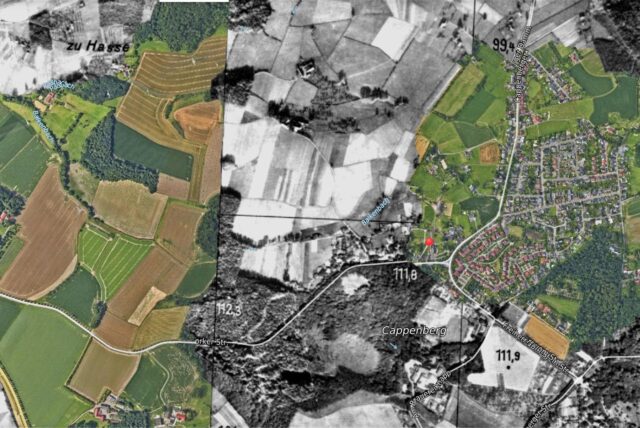 Cappenberg in den 1930er Jahren und heute. Anhand der Luftbilder des Regionalverbandes Ruhr (RVR) lassen sich Veränderungen erkennen.