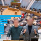Blick in den Ratssaal während einer Ratssitzung, Montage mit Grafik und zwei unkenntlich gemachten Ratsmitgliedern.