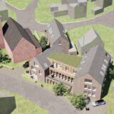 Rund um die Kirche soll ein neuer Dorfkern entstehen. Das Gotteshaus soll dabei als Orientierung dienen (v.l.n.r.: Hendrik Schabsky, Marco Junge, Maximilian Schulte und Peter Quittmann).