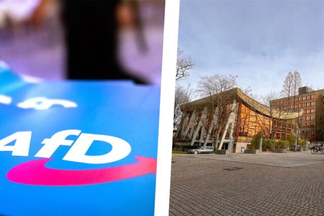 Montage aus AfD-Parteilogo und Bergkamener Ratstrakt
