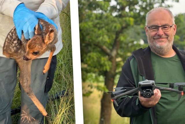 Die Montage aus zwei Bildern zeigt links ein Rehkitz, rechts ist Christoph Eckardt, Drohnenbeauftragter der Kreisjägerschaft Dortmund, zu sehen.