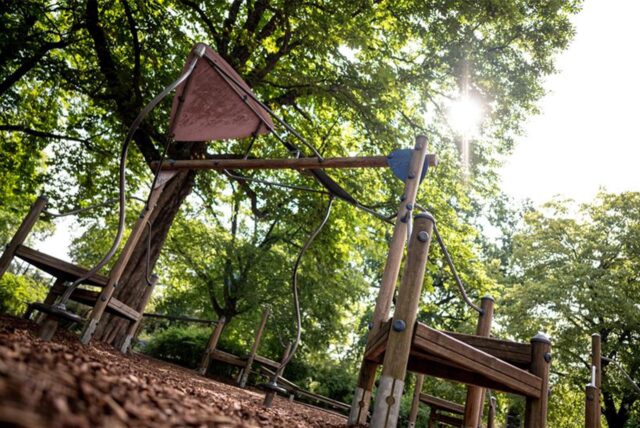 Die Sonne scheint durch einen Baum auf einen Spielplatz.