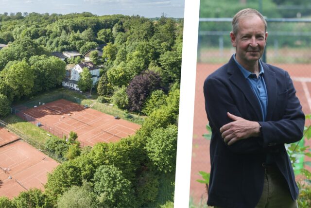 Tennisplätze aus der Luft, daneben Ulrich Breilmann